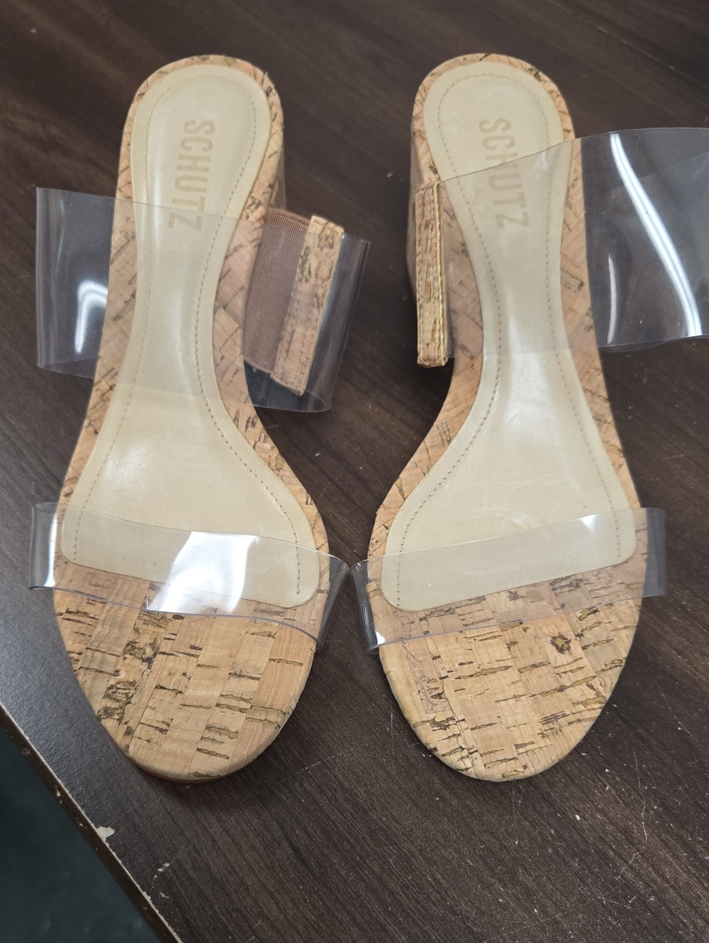 SCHUTZ Size 7B Cork Slide Sandals with Clear Straps - Natural